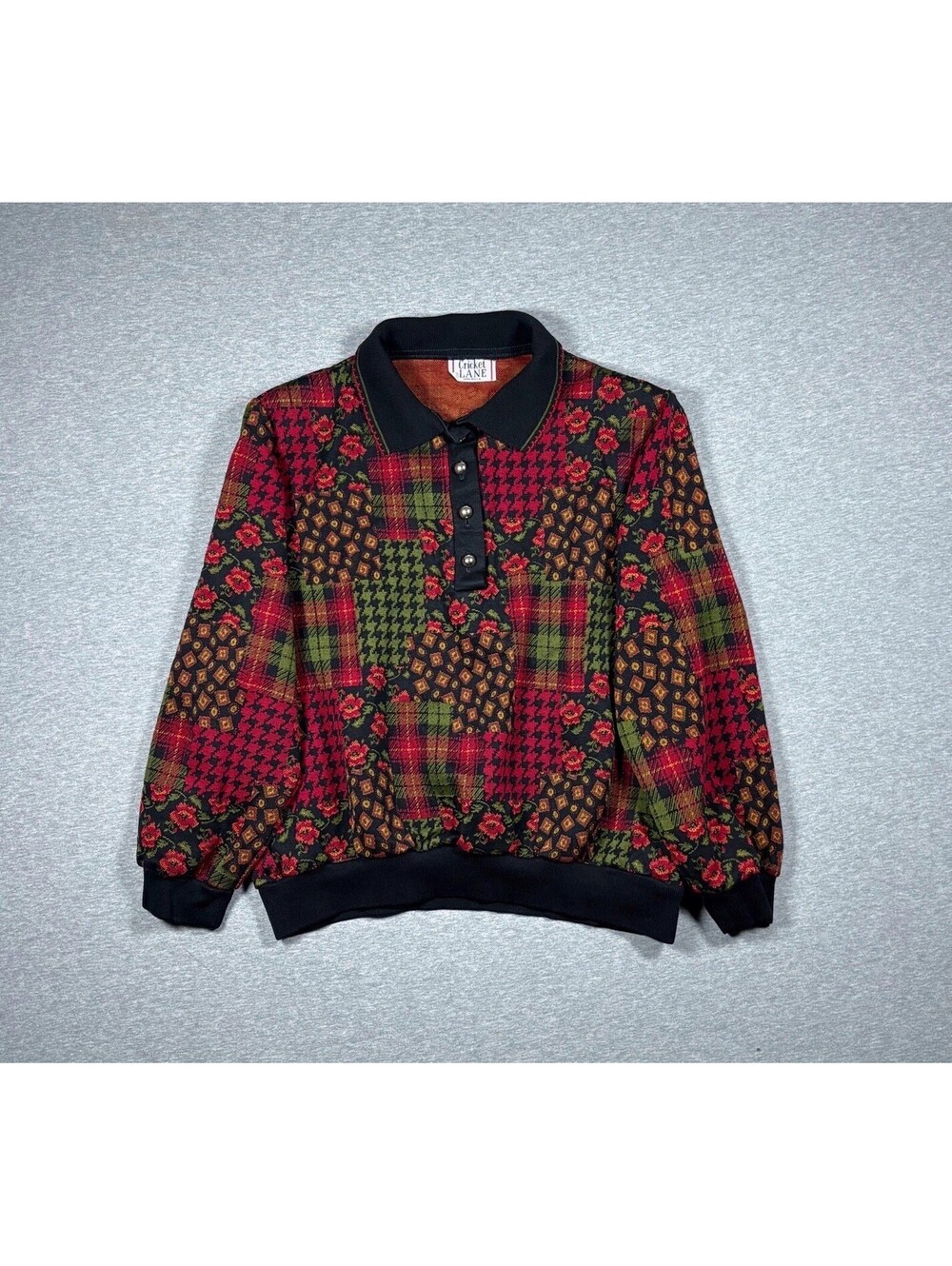 Vintage Cricket Lane Collared Sweater Womens XL Red Patchwork Floral Cottage 90s